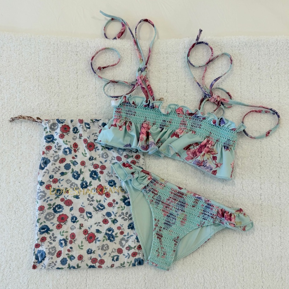 LoveShackFancy Mint Floral Bikini Set with Pouch 18-24 months